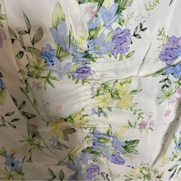 The Kooples WHITE FLORAL SHORT SLEEVE SHORT DRESS WITH SHIRRING NWT - Picture 6 of 8